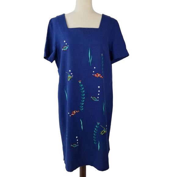 Country Concept Blue Linen Blend Embroidered   Fish Dress Short Sleeve   Large - Picture 1 of 3